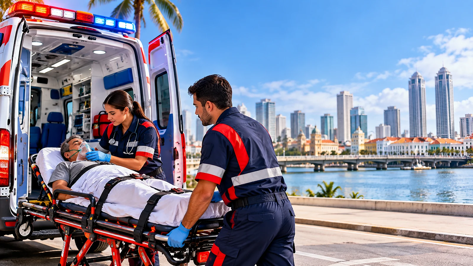 Equipe realizando transporte em ambulância